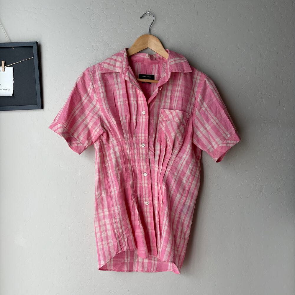 Isabel Marant Blouse Emily Pink Plaid Corset Pleated Button Up Top Sz 36/Small‎